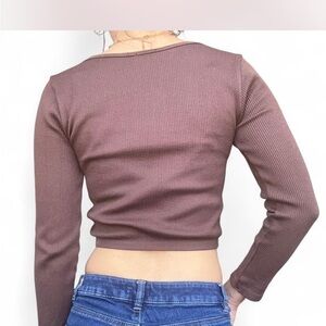 Zara Ribbed Long Sleeve Crop Top – Brown